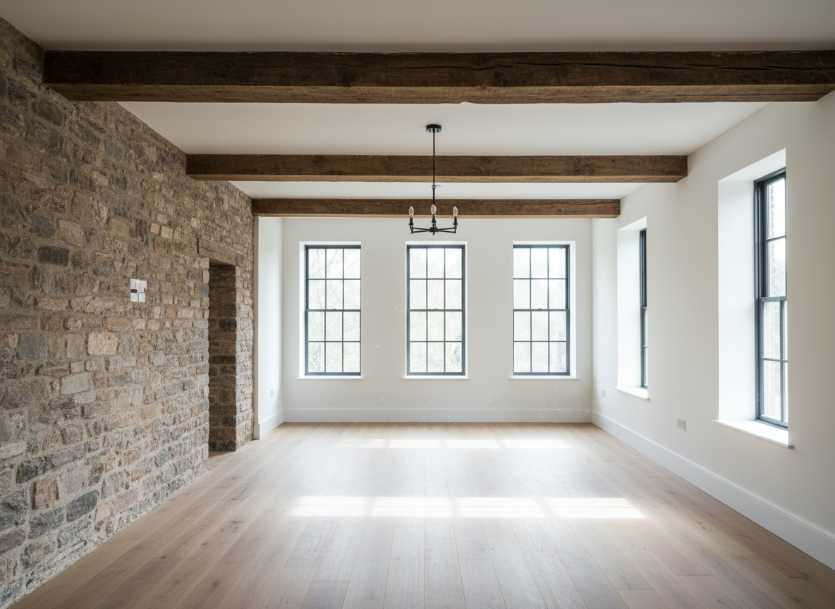 Beautifully renovated period home interior with restored beams and fresh finishes