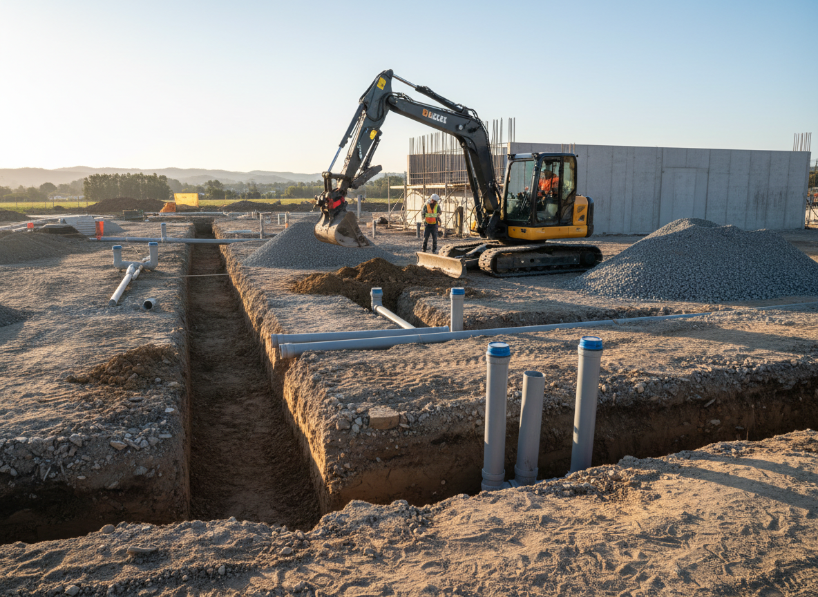 Groundworks site with excavator digging drainage trenches and foundations