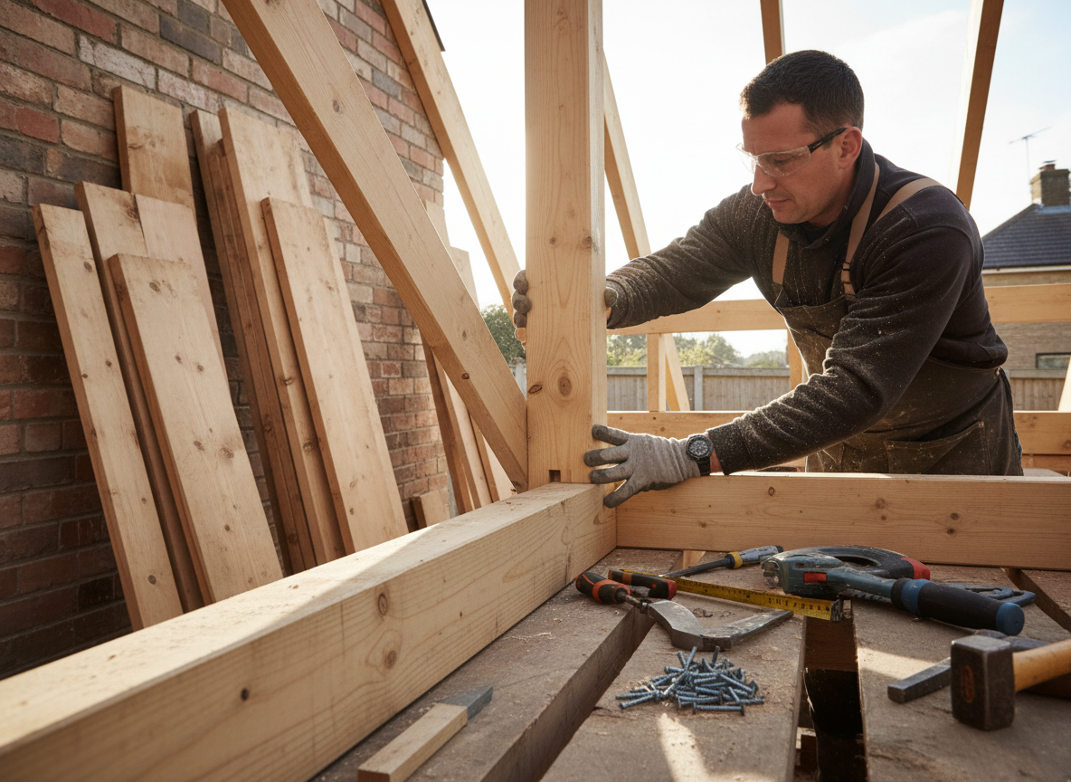 Tradesman fitting timber roof rafters and carpentry on a house extension
