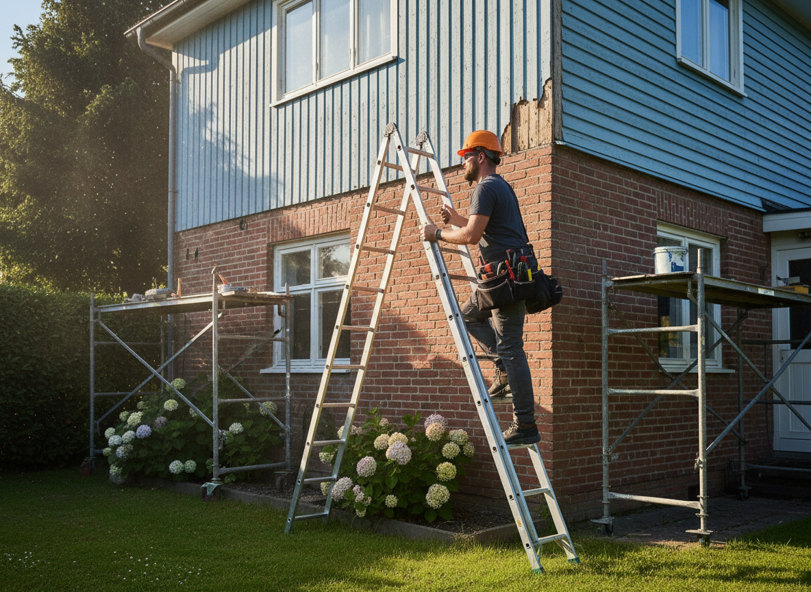 Tradesman carrying out building maintenance on a residential property