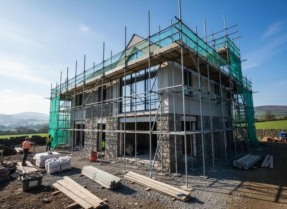 Modern home exterior under construction with scaffolding in the Pembrokeshire countryside