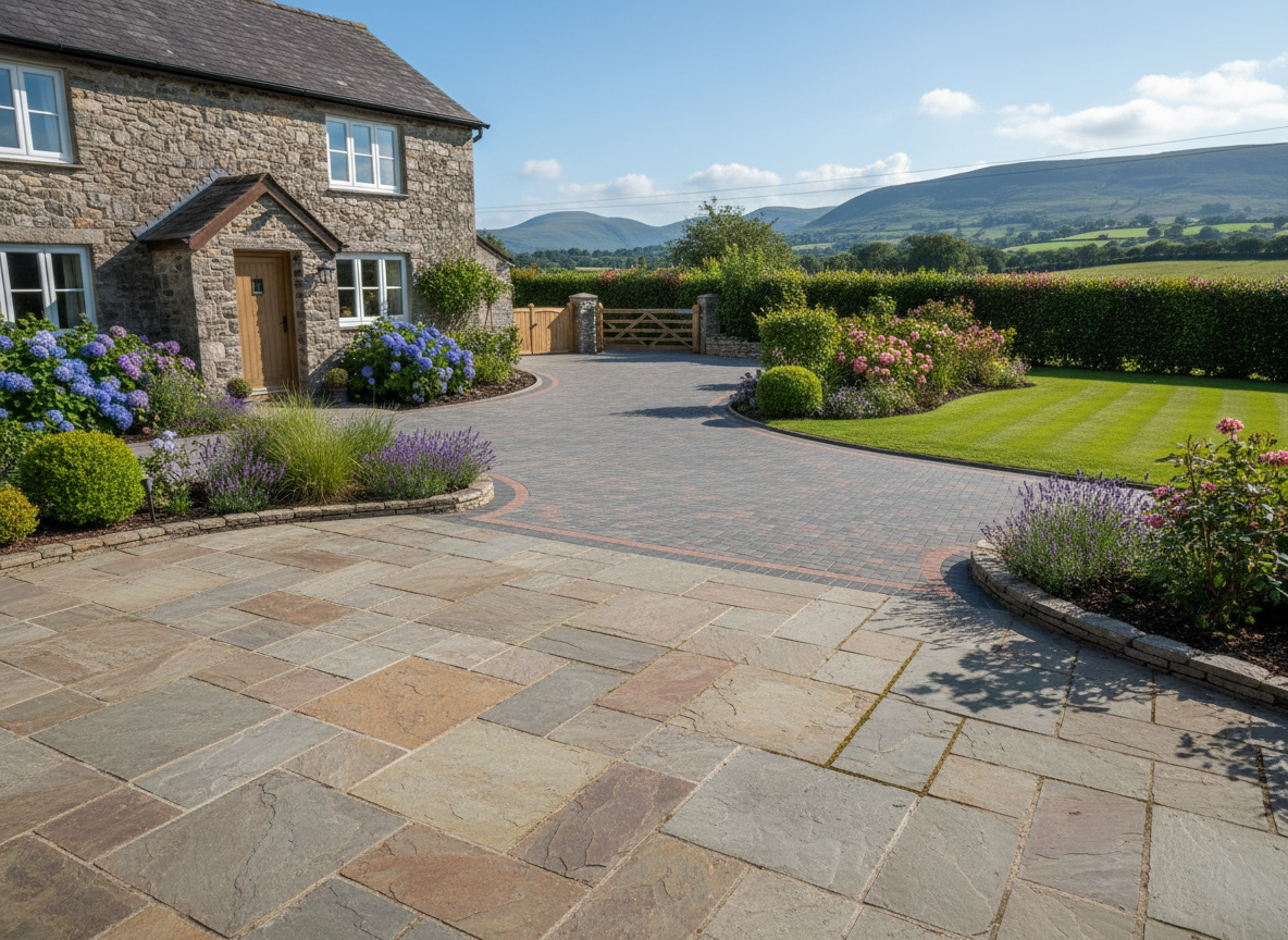 Newly laid stone patio and block-paved driveway with garden landscaping