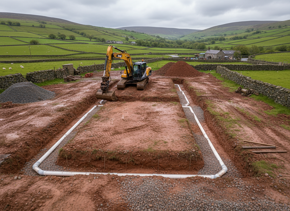 Excavator digging foundation trenches and drainage on a construction site in rural Wales