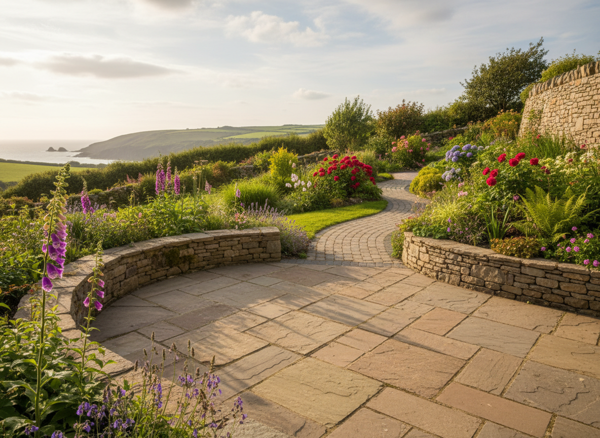 Beautifully finished natural stone patio and paved garden path with retaining walls in a Pembrokeshire garden