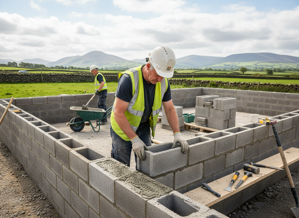 Skilled builders laying blockwork on a residential construction site in rural Wales