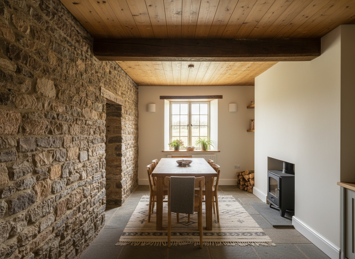 Restored interior of a traditional Welsh stone cottage with exposed original stone wall alongside newly plastered surfaces