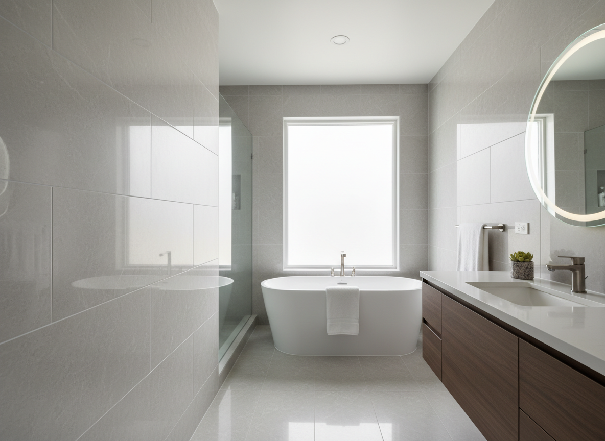 Freshly tiled modern bathroom with large format porcelain tiles and precise grout lines