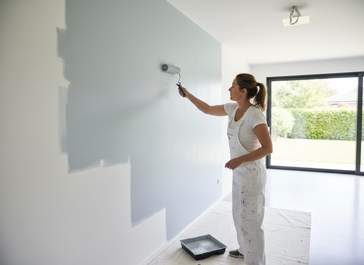 Professional painter using a roller to apply fresh paint to clean interior walls of a modern home, showing excellent brushwork and a pristine finish