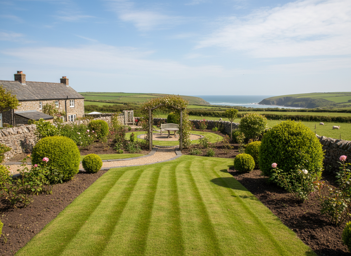 Neatly maintained Pembrokeshire garden with trimmed lawn, cleared borders and tidy hedges